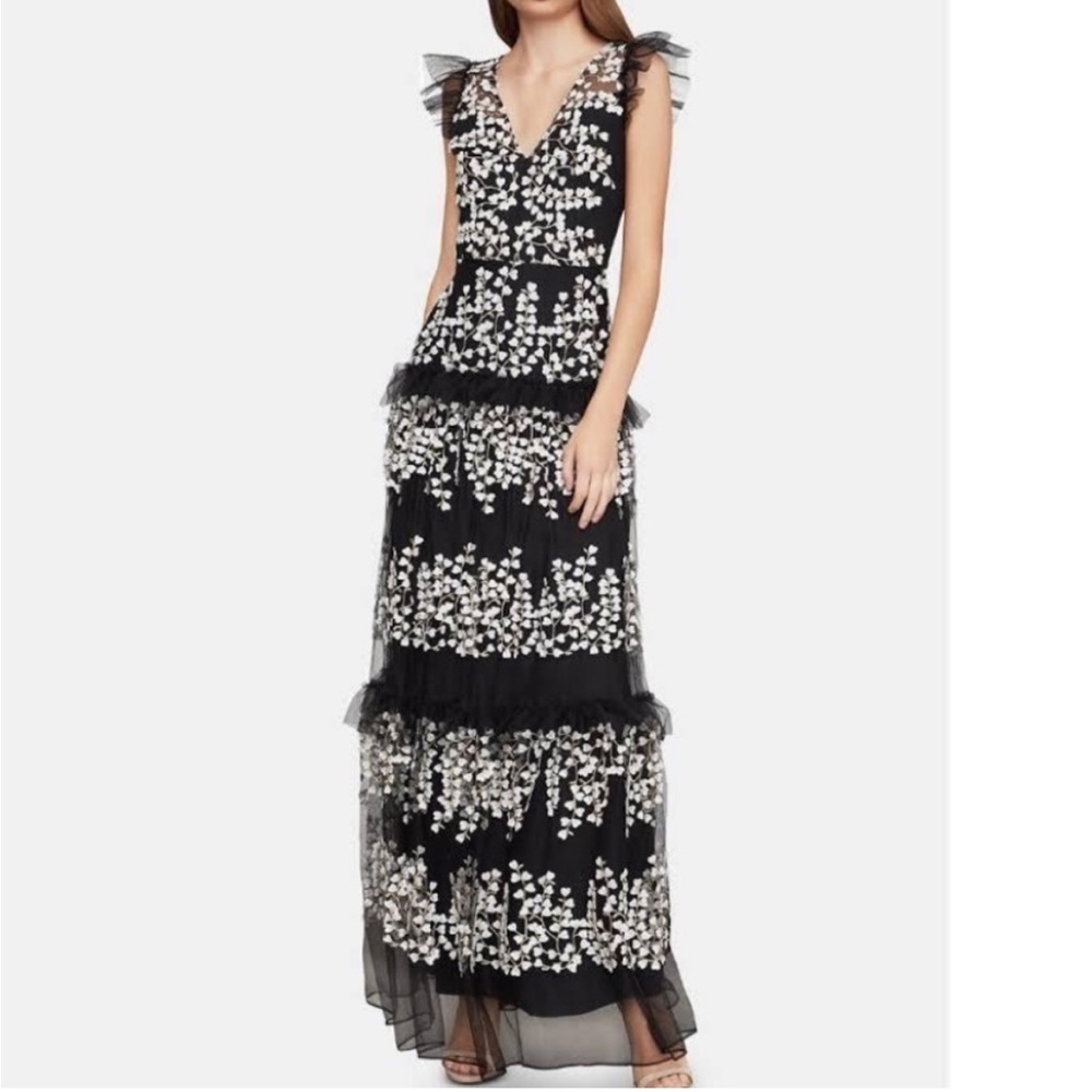 BCBGMAXAZRIA Embroidered Tulle Gown in Black